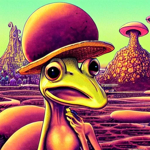 Image similar to A close up portrait of a dignified psychedelic godlike anthropomorphic frog smoking an anime blunt , magic mushroom village in background . award winning. superb resolution. in the art style of junji Ito and greg rutkowski . Detailed Mushroom city in background. Hyper realistic anime. Perfect art. Dalle2