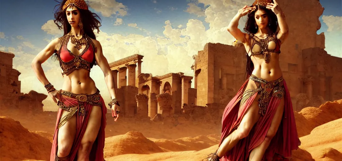 Prompt: renaissance full body portrait of female bellydancers in the desert among ancient ruins, lean and toned, cute face, d & d, intricate, elegant, highly detailed, digital painting, artstation, concept art, matte, sharp focus, illustration, art by da vinci, artgerm and greg rutkowski and alphonse mucha