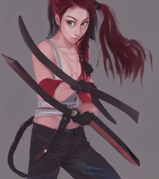 Prompt: a girl holding a katana, ponytail, highly detailed, digital painting, artstation, concept art, smooth, sharp focus, kunoichi, illustration, style of chainsaw man