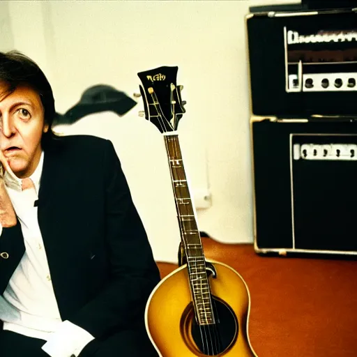 Prompt: color photo of Paul McCartney in the backrooms