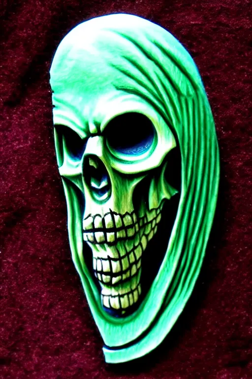 Prompt: grim reaper carved into a blue green, intricate baroque style, by artgem