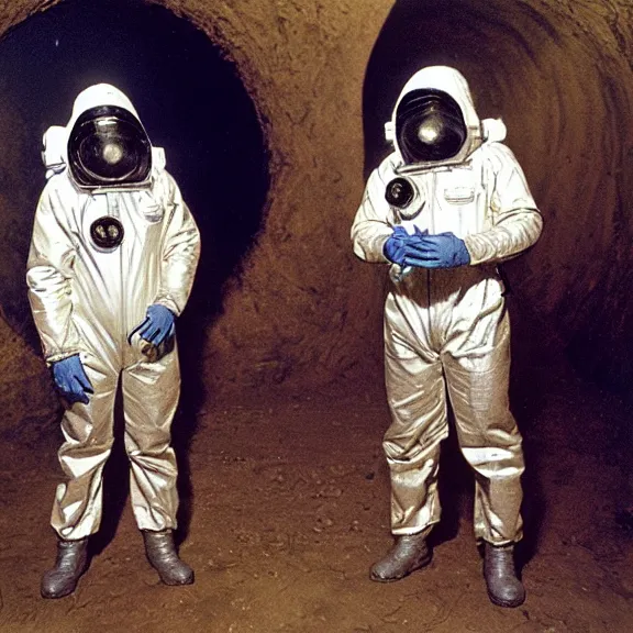 Prompt: two explorers in silver hazmat suits surrounded by fluorescent light tunnel by frank frazetta