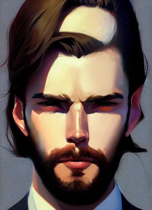 Image similar to a man in his twenties, handsome, long hair, suit ， perfect face, symmetric eyes, sharp focus, specular reflection, occlusion shadow, artstation, by ilya kuvshinov and jeremy lipking, light novel cover art, 3 d epic illustrations, symmetric body