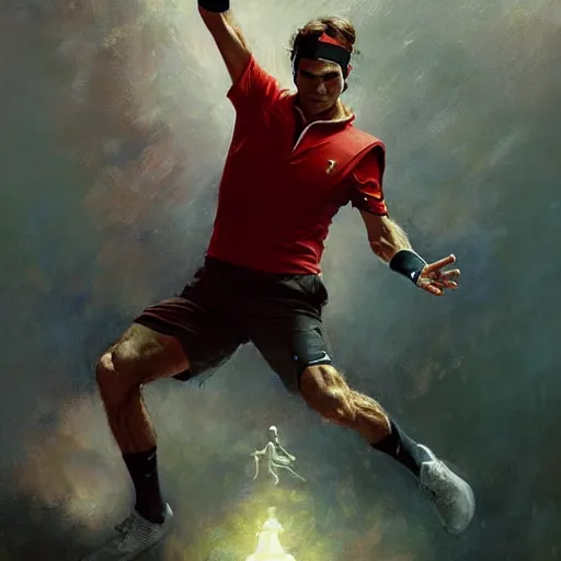 Prompt: roger federer as a hero, picture by greg rutkowski, dynamic pose, intricate, futuristic, fantasy, elegant, by stanley artgerm lau, greg rutkowski, thomas kindkade, alphonse mucha, loish, norman rockwell,