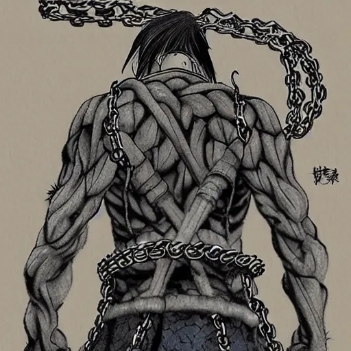 Image similar to A FULL BODY PORTRAIT FROM BEHIND OF TAKEZO FROM MANGA VAGABOND ,THE MAN KEEPS A KUSARIGAMA AND IT IS WRAPPED IN CHAINS ,detailed, concept art, ink style , sketch