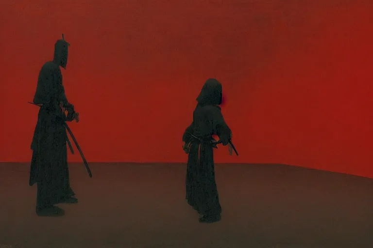 Image similar to only with red, a red samurai harakiri, tokio, a lot of frogs watch, in the style of beksinski, parts by edward hopper, parts by rodcenko, parts by yue minjun, intricate and epic composition, red by caravaggio, insanely quality, highly detailed, masterpiece, red light, artstation, 4 k