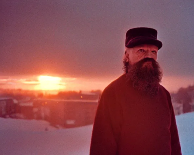 Image similar to lomographic tarkovsky film still of 4 0 years russian man with beard and sweater standing on small hrushevka 9 th floor balcony full with cigarette smoke in winter taiga looking at sunset, cinestill, bokeh