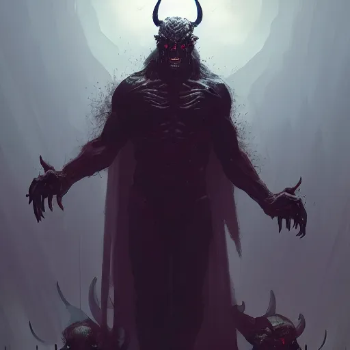 Image similar to pat robertson with deep black eyes wide open as the devil lording over his army of demons, greg rutkowski, trending on artstation, 8 k