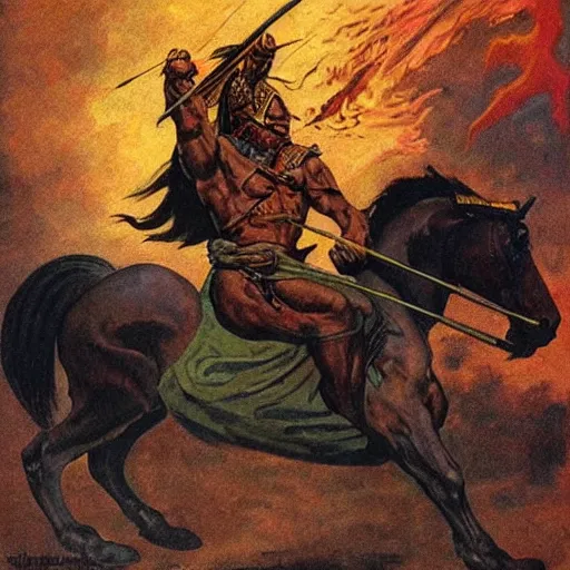 Image similar to a warrior riding a horse, holding an axe surrounded by fire. Artwork by Moebius and Frank Frazetta