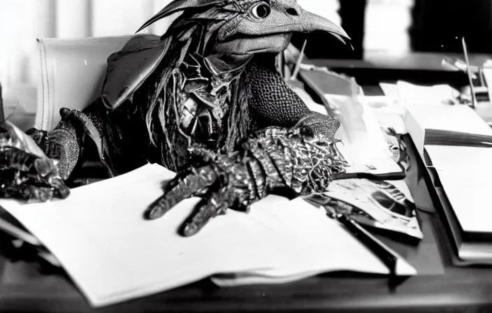 Prompt: dark crystal skeksis signs a bill in oval office, associated press photo, national archives, nineteen eighties, highly detailed, henson puppet, vfx