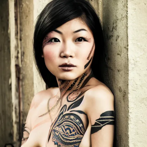 Image similar to 8 k award winning portrait photo of an asian beauty with tribal tattoos