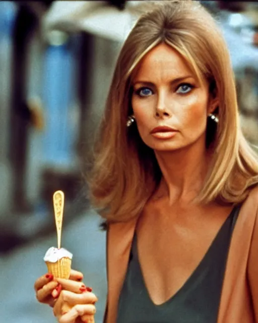 Image similar to portrait of a blonde barbara bach from the bond film eating ice creams in porto