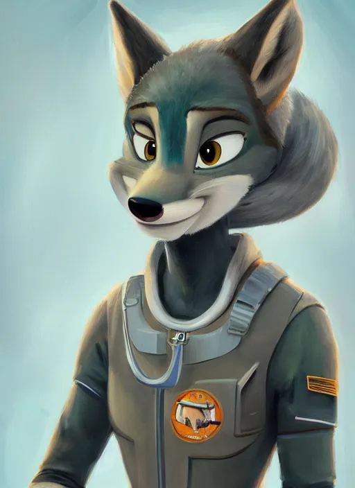 Image similar to oil painting detailed full body of anthromorphic female wolf, in style of zootopia, zootopia, zootopia, fursona, furry, furaffinity, 4 k, deviantart, furry art, fursona art, wearing astronaut outfit, in style of zootopia, wolf fursona, cyberpunk, female, expressive, detailed feminine face,