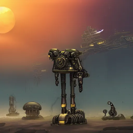Prompt: a steampunk mech on an alien planet, at sunset with smog