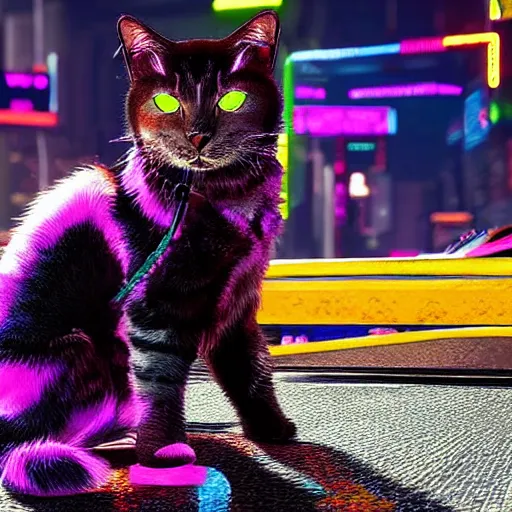 Image similar to a cat with rainbow fur in the style of cyberpunk 2077, 8k, hd