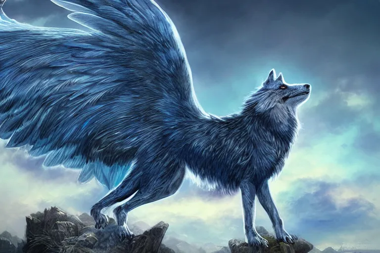 Image similar to Blue feathered wolf with wings on a beautiful fantasy landscape, post processing, ultra detailed, trending on artstation