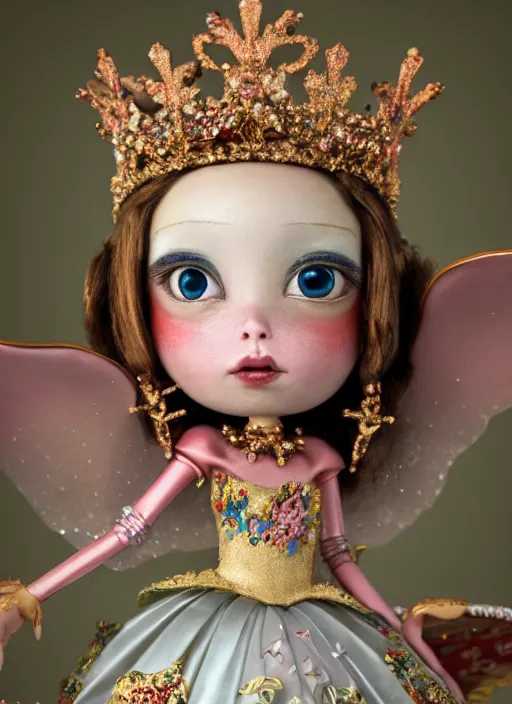 Image similar to closeup portrait of tin toy fairytale princess wearing a crown, depth of field, zeiss lens, detailed, symmetrical, centered, fashion photoshoot, by nicoletta ceccoli, mark ryden, lostfish, breathtaking, 8 k resolution, extremely detailed, beautiful, establishing shot, artistic, hyperrealistic, octane render