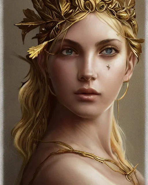 Image similar to front view of beautiful aphrodite greek goddess wearing a gold laurel wreath and triangle earrings, realism tattoo sketch, beautiful piercing eyes with sharp pupils, beautiful blonde hair, in the style of greg rutkowski, fantasy, amazing detail, epic, elegant, smooth, sharp focus