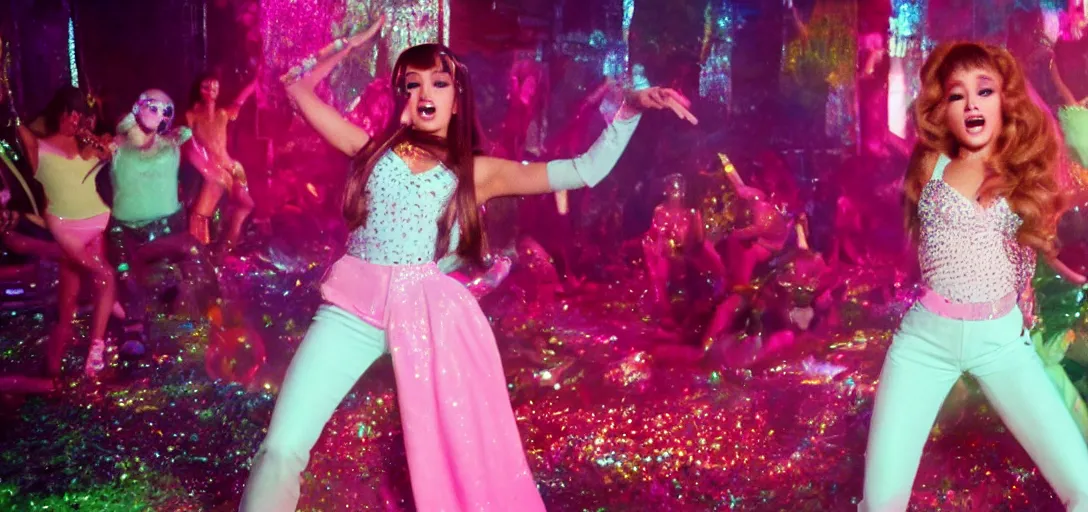 Prompt: cinematic movie still of ariana grande as a 1 9 7 0 s disco queen, 8 k hdr, action shot, movie still, hazy vibes, acid trip, fear and loathing