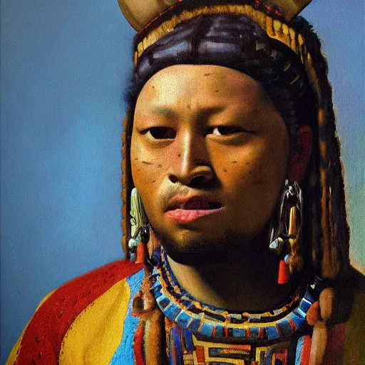 Image similar to high quality high detail painting by johannes vermeer, portrait of a mayan jaguar warrior, hd, photorealistic lighting