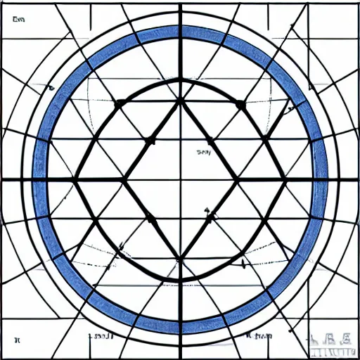 Prompt: perfect circle inside a square inside a hexagon inside a triangle inside a perfect circle, diagram, blueprint