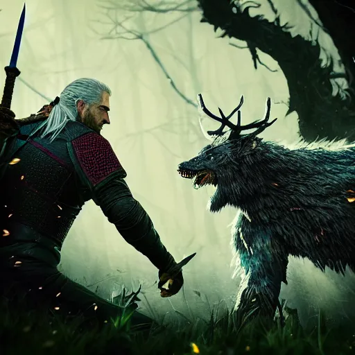 Prompt: a witcher fighting a leshen in the wildness, nighttime, detailed, photorealistic, cold, iridescence, anime, highly detailed, sharp focus, concept art, octane render, fluorescence vegetation, soft