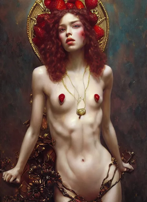 Prompt: highly detailed oil painting | very intricate | cinematic lighting | award - winning | strawberry cheese cake bikini fashion by alexander mcqueen | by roberto ferri, by tom bagshaw, by j. c. leyendecker and klimt, american romanticism, by austin osman spare, artstation, cgsociety, official art, octane