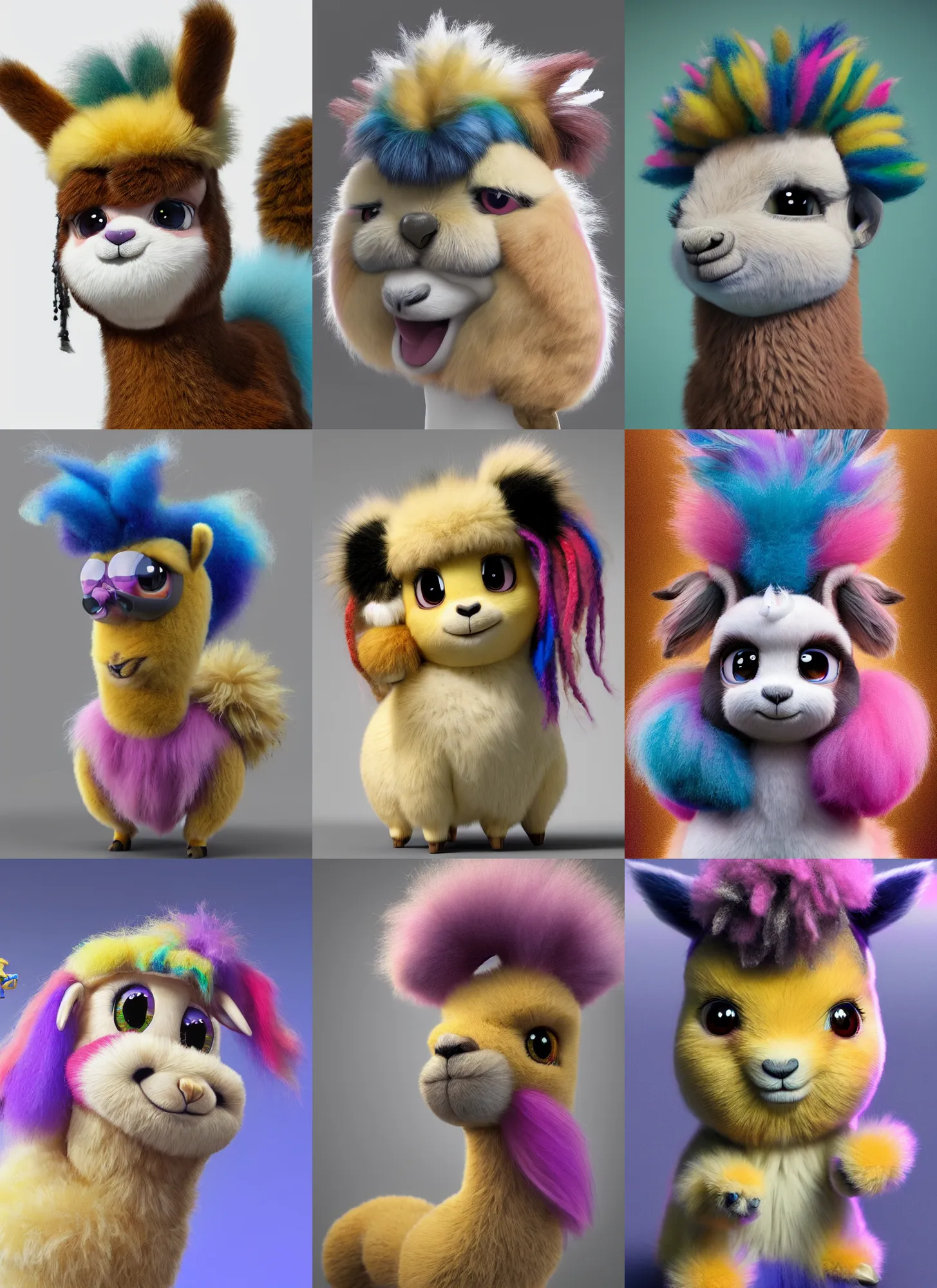 Prompt: high quality 3 d render hyperrealist very cute fluffy! llama with rainbow dreadlocks, highly detailed, vray smooth, in the style of detective pikachu, hannah yata charlie immer, soft indoor light, low angle, uhd 8 k, sharp focus