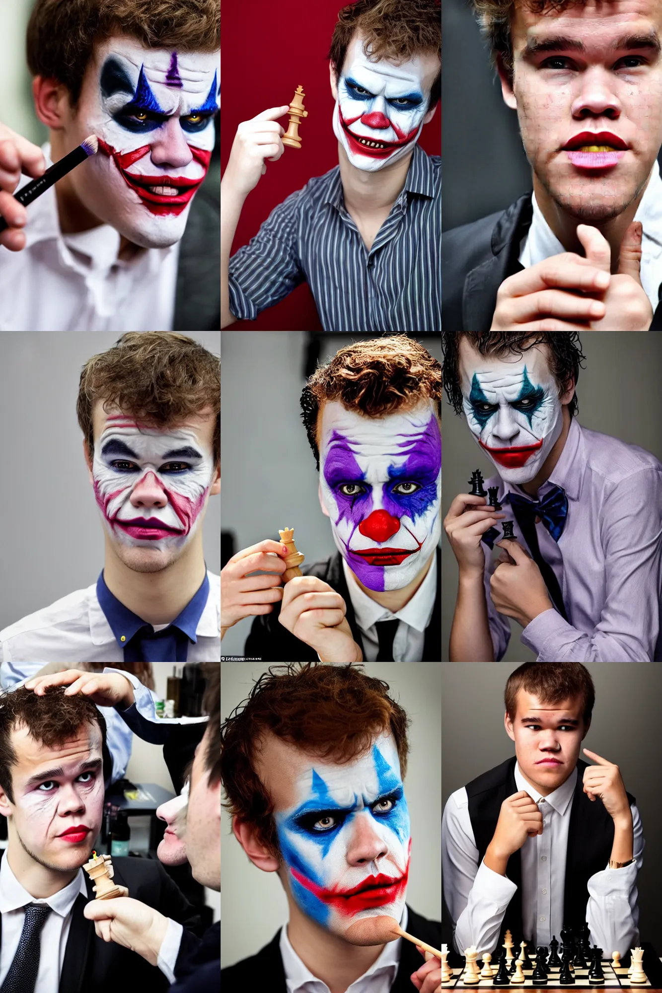 Prompt: Chess champion Magnus Carlsen wearing makeup as the Joker