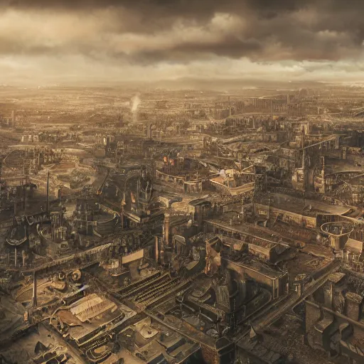 Prompt: steampunk city view from the sky, clouds, moody, cold, steampunk, realistic, high detail, 8 k photo, detail, clean, cinematic, fantasy, technology, engines, steam, steam machine, zeppelin,