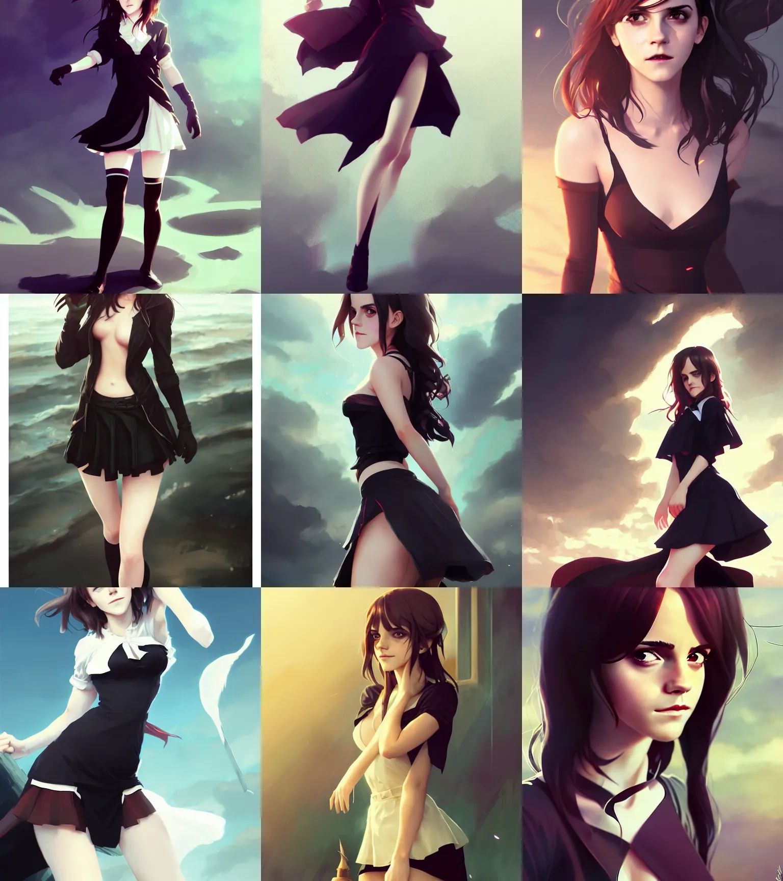 Prompt: attractive Emma Watson as Rin Tosaka, thighhighs ans skirt, long black hair, hourglass slim figure, full body shot close up, seductive smile, details, sharp focus, illustration, by Jordan Grimmer and greg rutkowski, Trending artstation, pixiv, digital Art