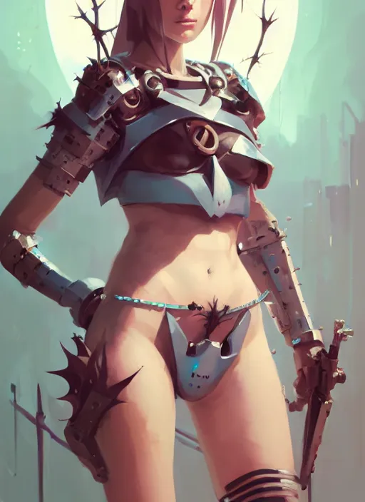 Prompt: portrait of cute maiden girl with crown of thorns in cyber bikini armor, warhammer, cyberpunk, by atey ghailan, by greg rutkowski, by greg tocchini, by james gilleard, by joe fenton, by kaethe butcher, dynamic lighting, gradient light blue, brown, blonde cream and white color in scheme, grunge aesthetic