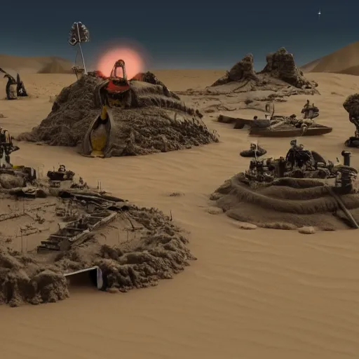 Image similar to 1:16 scale miniature diorama of Warhammer 4K space@marines building a sandcastle in the desert, 3D rendered, unreal engine