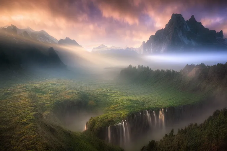 Image similar to landscape photography of ciucas by marc adamus, morning, mist, rays of light, beautiful