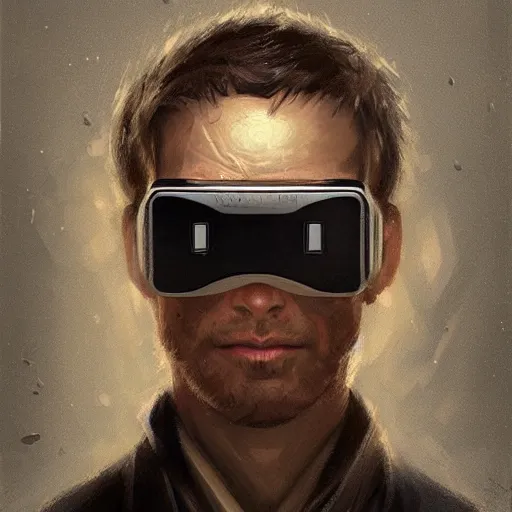 Prompt: Portrait of a man by Greg Rutkowski, symmetrical face, an young man with a VR Heaset covering his eyes, Kubric Stare, cold, twisted and sinister smile, highly detailed portrait, scifi, digital painting, artstation, book cover, cyberpunk, concept art, smooth, sharp foccus ilustration, Artstation HQ