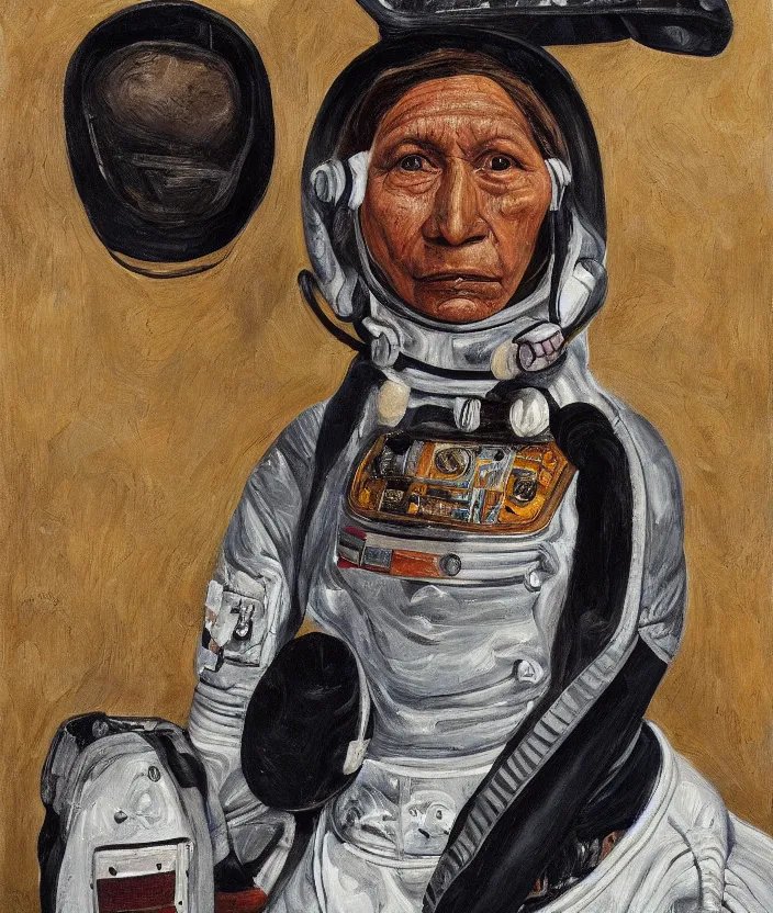 Image similar to indigenous woman with astronaut helmet, painted by lucian freud, hd, super detailed, realistic, muted colors