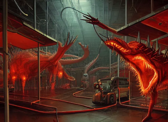 Prompt: scene inside a gas station with harsh fluorescent industrial lighting, giant monstrous aggressive spiked creature screaming at the camera, spikes like needles, needles, thin spikes, epic science fiction horror digital matte painting by Moebius and Mark Brooks (and Greg Rutkowski), extremely detailed, artstation