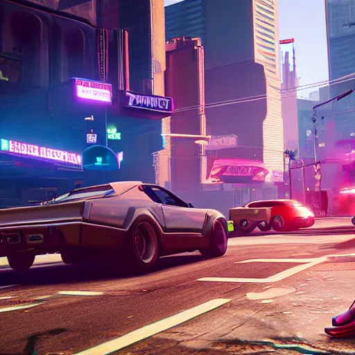 Image similar to screenshot of a game, as if GTAV and Cyberpunk 2077 are the same game, taken at the ground level.