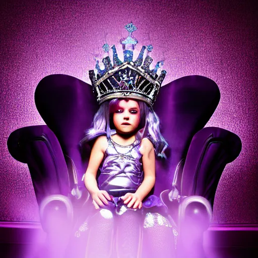 Image similar to A 4k photo of a evil princess with purple hair wearing a diamond crown, sitting in a throne in a dark room. Back light