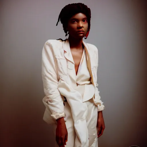 Prompt: realistic photoshoot for a new offwhite lookbook, color film photography, portrait of a beautiful woman in style of tyler Mitchell, 35mm, graflex