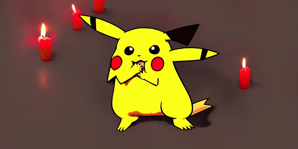 Image similar to pikachu devouring a dog sharp teeth burtal eyes scary mouth dark room red candles trash bin