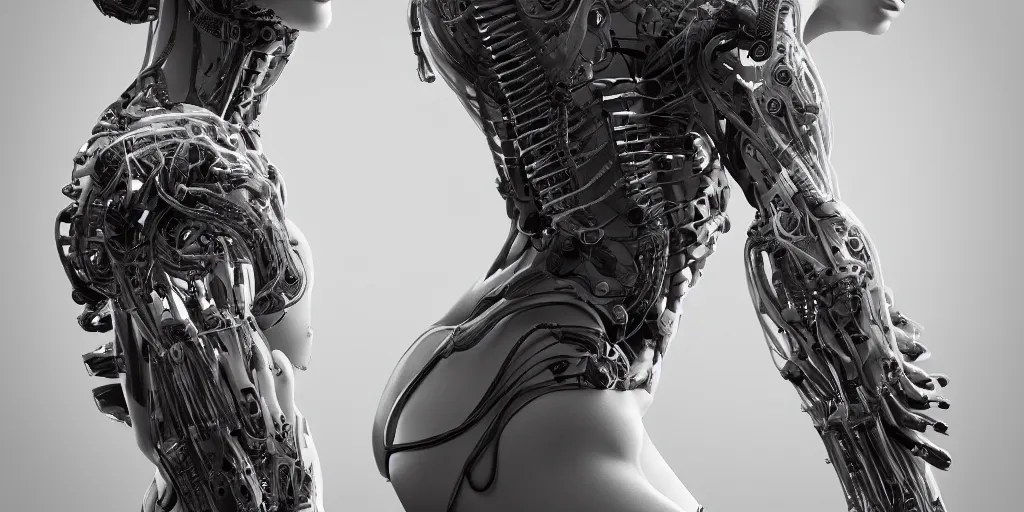 Image similar to photorealistic gorgeous symmetrical female cyborg, holding intimately, holding hands, highly detailed, arms, back, intricate, in the style of westworld, beth cavener, jin kagetsu, wlop, masterpiece, concept art, high key lighting, ambient lighting, octane render, 8 k, artstation