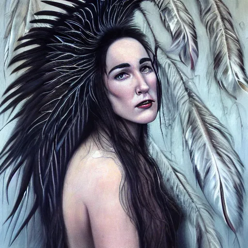 Image similar to detailed realistic oil painting youthful young jennifer connelly with black feathers instead of hair, dark fae, black lips, gray mottled skin, feathers growing out of skin, feathers growing from arms, black hands with long black claws, pale and sickly, profile view, full body, gothic, - - ar 9 : 1 6