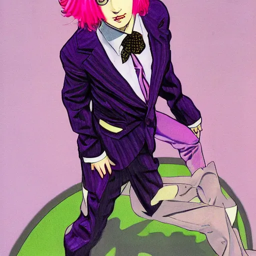 Image similar to boy with eccentric pink hair wearing a purple suit, artwork made by hirohiko araki