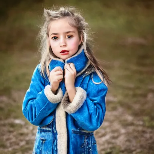 Image similar to a little portuguese girl with white - fair!!!!! skin, dirty blonde hair and blue eyes, wearing a disney land coat and blue jeans, 4 k, 8 k, photorealistic facial features