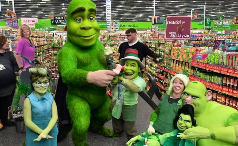 Image similar to shrek and a leprechaun live in asda, with thousands of spectators