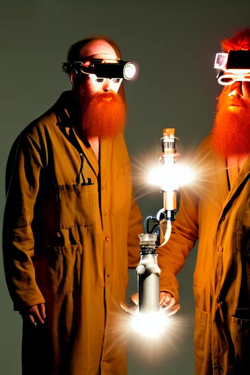 Image similar to a person with 3 eyes, person with a 3rd eye in the middle of their forehead, an awkwardly tall scientist with 3 eyes and a tangled beard and unruly red hair atop his balding head wearing a headlamp a labcoat and welding goggles and holding a beaker, led headlamp, high resolution film still, movie by Ivan Reitman