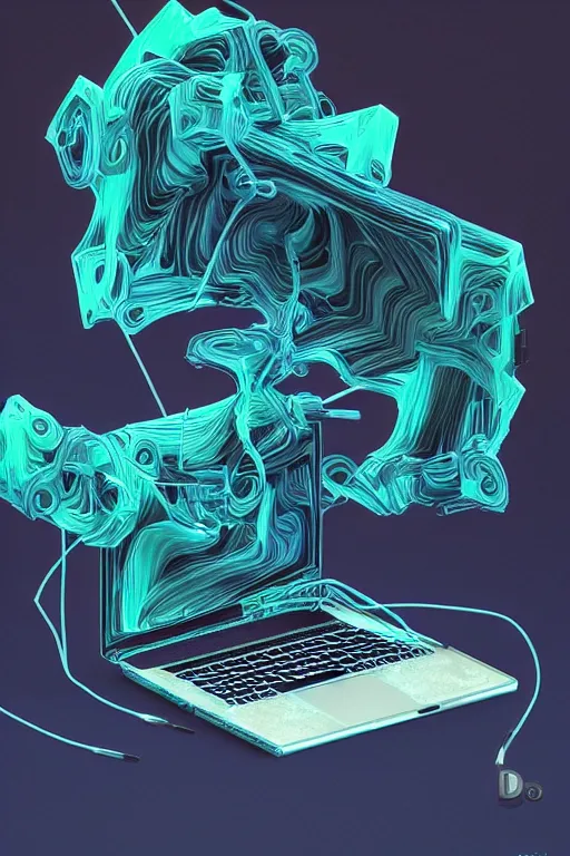 Prompt: epic 3 d abstract 🇵🇷 laptop hacker, spinning ferrofluids, 2 0 mm, with teal and navy butter melting smoothly into asymmetrical succulents and phones, delicate, thick wires, liquid cooled, beautiful, intricate, houdini sidefx, trending on artstation, by jeremy mann, ilya kuvshinov, jamie hewlett and ayami kojima