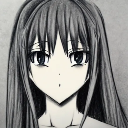 Image similar to drawing of an anime girl face in a notebook, front view, pencil, charcoal
