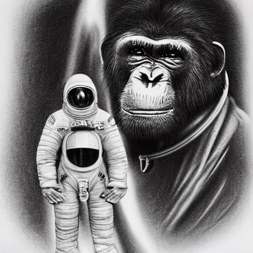 Image similar to pencil art, portait, highly detailed, epic, astronaut chimpanzee holding hands with astronaut.